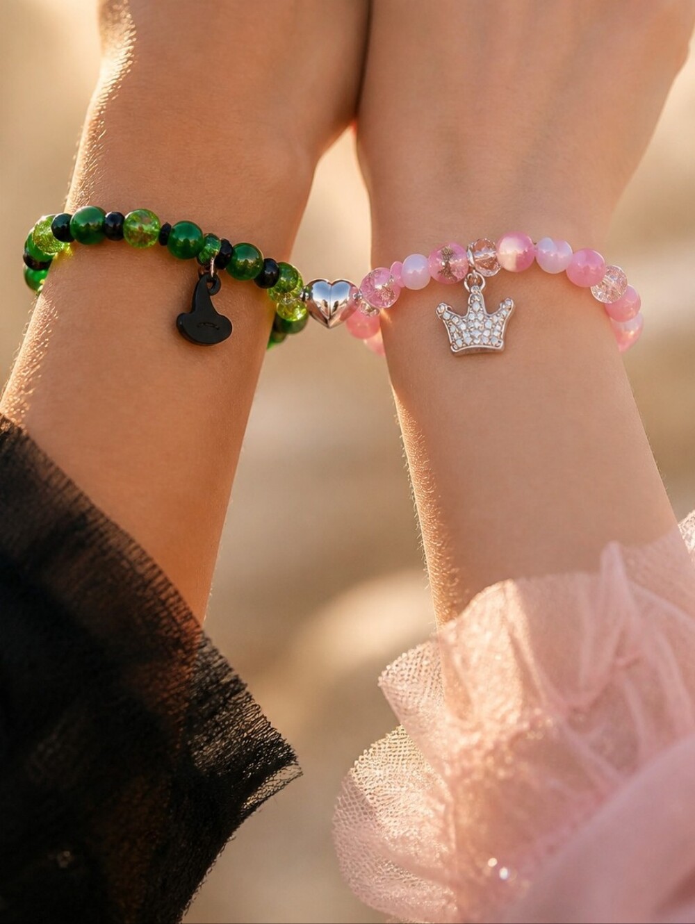Wicked Inspired Friendship Bracelet 2pc Magnetic Heart Beaded Charm Set Jewelry